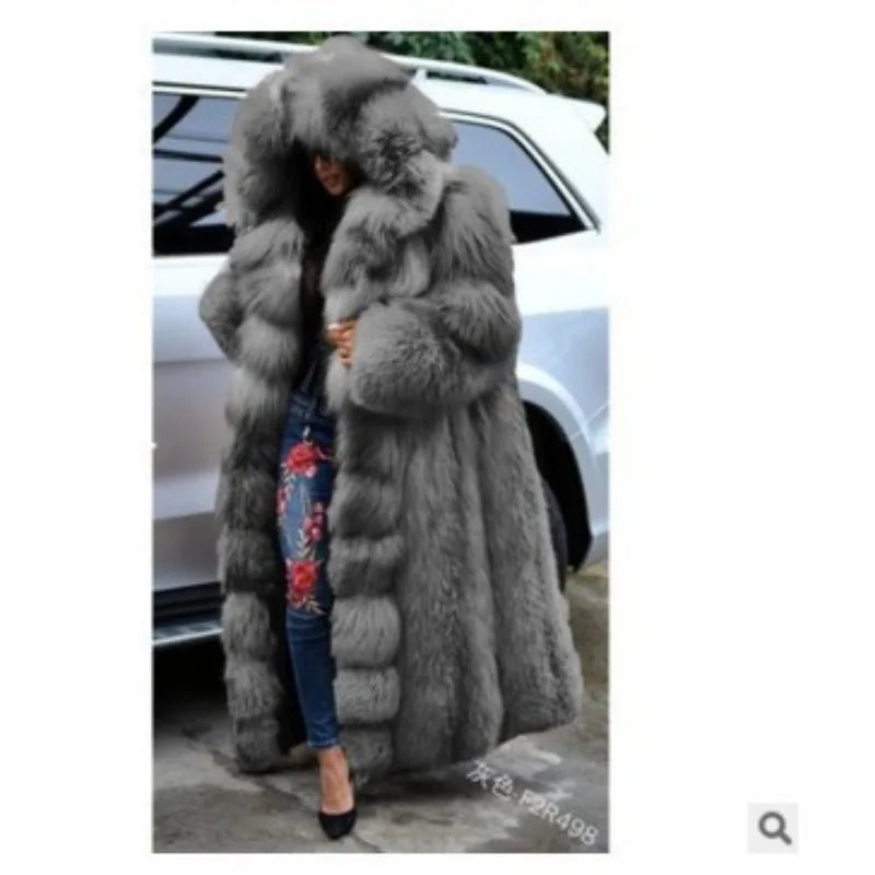Women Solid Plush Warm Cardigan Coat Autumn Winter Faux Fur Large Coat Women's Casual Long Sleeve Hooded Faux Fur Coat
