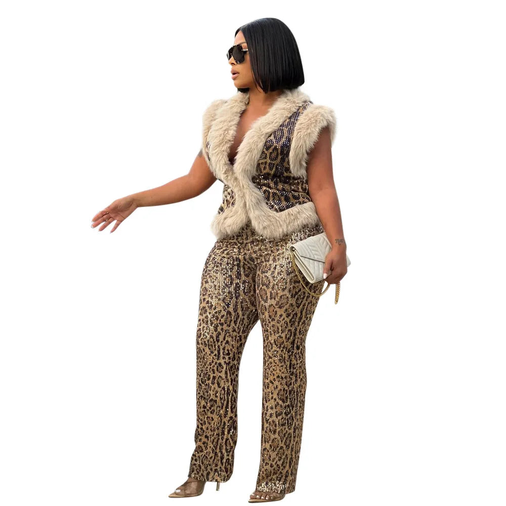 CM.YAYA Women's Set Sleeveless Fur Leopard Sequined V-neck Wool Vest and Pant Suits 2024 Street Two 2 Piece Set Outfit Tracksuit