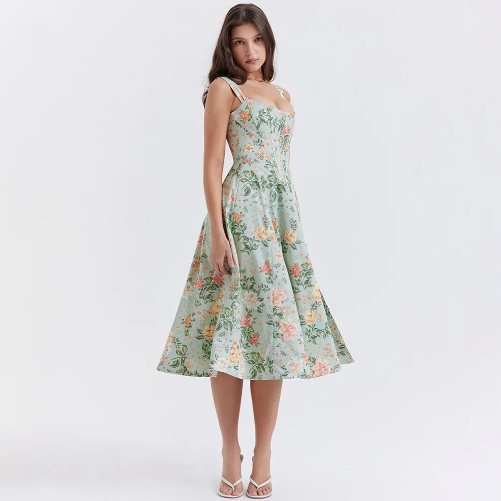 Suninheart Summer Pink Floral Print Corset Dress Midi Elegant Sexy Party Dresses Holiday Birthday Casual A Line Women Clothing