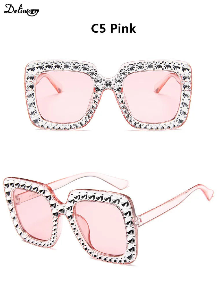 Glitter Women Sunglasses Brand Design Flash Square Shades Mirror Female Sun Glasses Bezel Bling Rhinestones