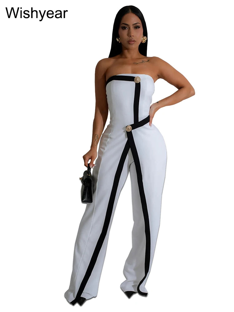 Wishyear Irregular Off Shoulder Sleeveless Strapless Jumpsuits Women Button Patchwork Wide Leg Pants Evening One Piece Outfits