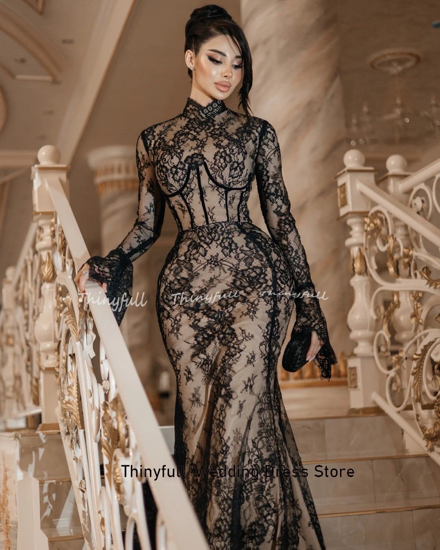 Thinyfull Mermaid Lace Arab Prom Dresses O-neck Full Sleeves Evening Gown 2025 Long Special Dress Robe De Soirée Customized