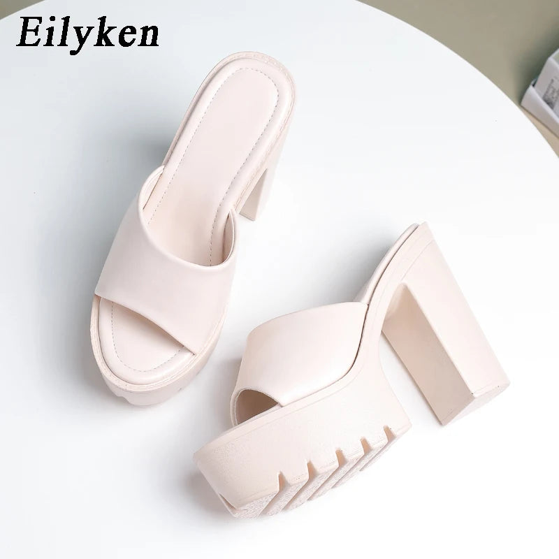 Eilyken Summer Fashion Women's Slippers Banquet Nightclub Platform Chunky High Heels Slide Mule Shoes Green White Sandals