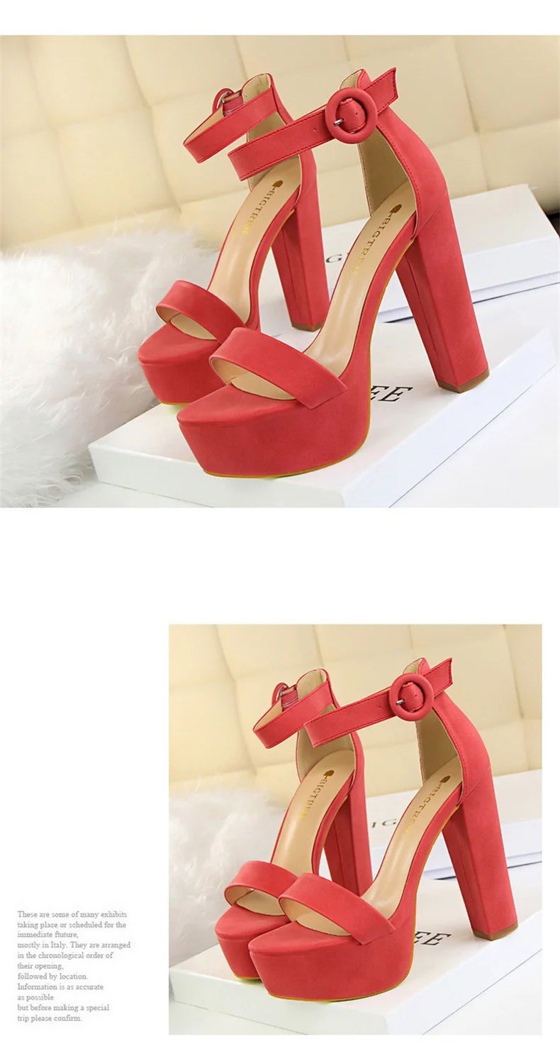 Fashion Women Pumps Sandals Summer Platform Belt Buckle Strap PU Square Heel Outdoor Korean Style Black Open Toe Grace 1550-1