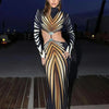 Party Printed Dresses For Women Fashion Sexy Full Sleeves Turtle Neck Hollow Out Slim Fit Backeless Long Vestidos Robes Female