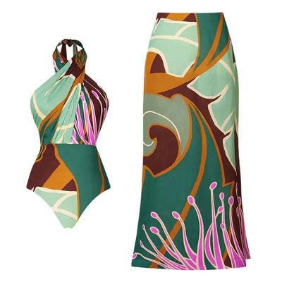 Printed Bikini Set With Cover Up V-Neck Shoulder Ruffled Swimwear High Waist Biquini Sexy Swimsuit Women 2024 Bathsuit Beachwear