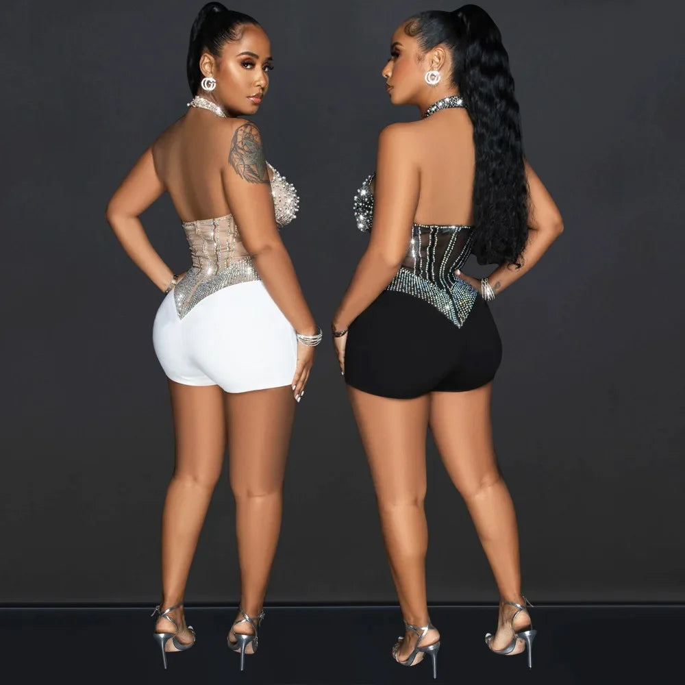 HLJ Gold Woman Evening Party Outfits Rhinestone Crystal Luxury Jumpsuits Women Corset Patchwork Bodycon Rompers Elegant Sexy