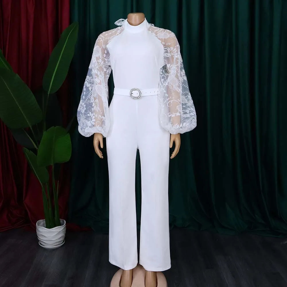 Elegant Jumpsuits for Women Luxury Round Neck Full Sleeve Belt Waisted High Waisted Straight Female Birthday Party Celebrate New