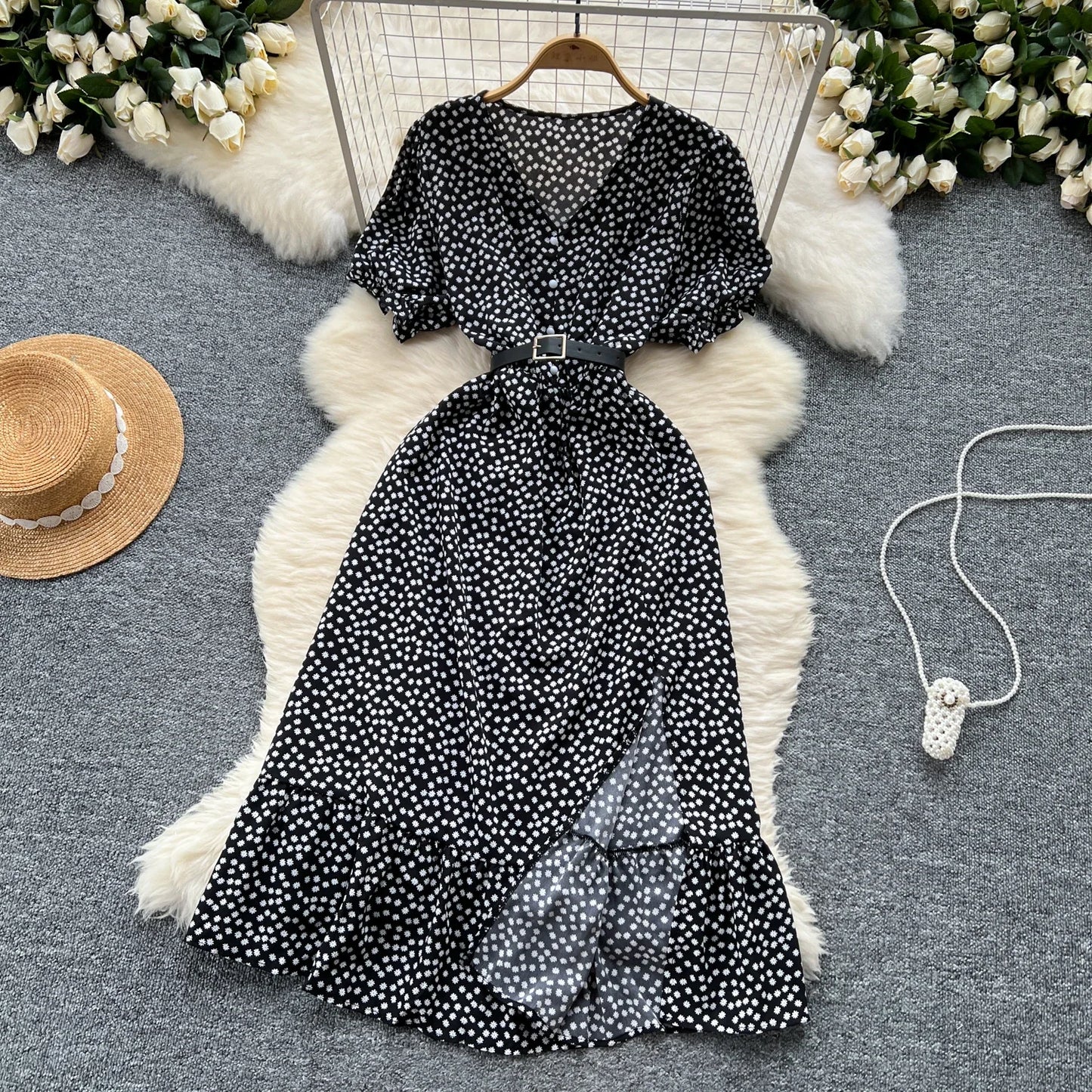 Summer Pleated Women Buttons Dresses Casual Beach Holiday Short Sleeve V Neck Woman Midi Dress Bohemian Mujer Vestidos