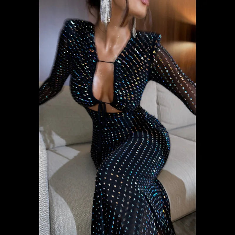 Tossy Glitter Hollow Out See-Through Maxi Dress Female Sexy Lace-Up Club High Waist Patchwork Sparkle Bandage Women Long Dress