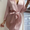 Solid Satin Night Robe Long Sleeve V Neck Robe With Belt Women's Sleepwear