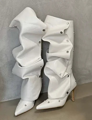 High Heel Long Boots for Women Botte Winter Boots Shoes Botas Mujer Thin Heeled Pointed Denim Metal Button Shoe Zapatos De Mujer