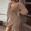 Elegant Women's Lace Stitching Mini Dress Spring Autumn Fashion Sexy V-neck Slim Long-sleeved Party Dresses  Female Clothing