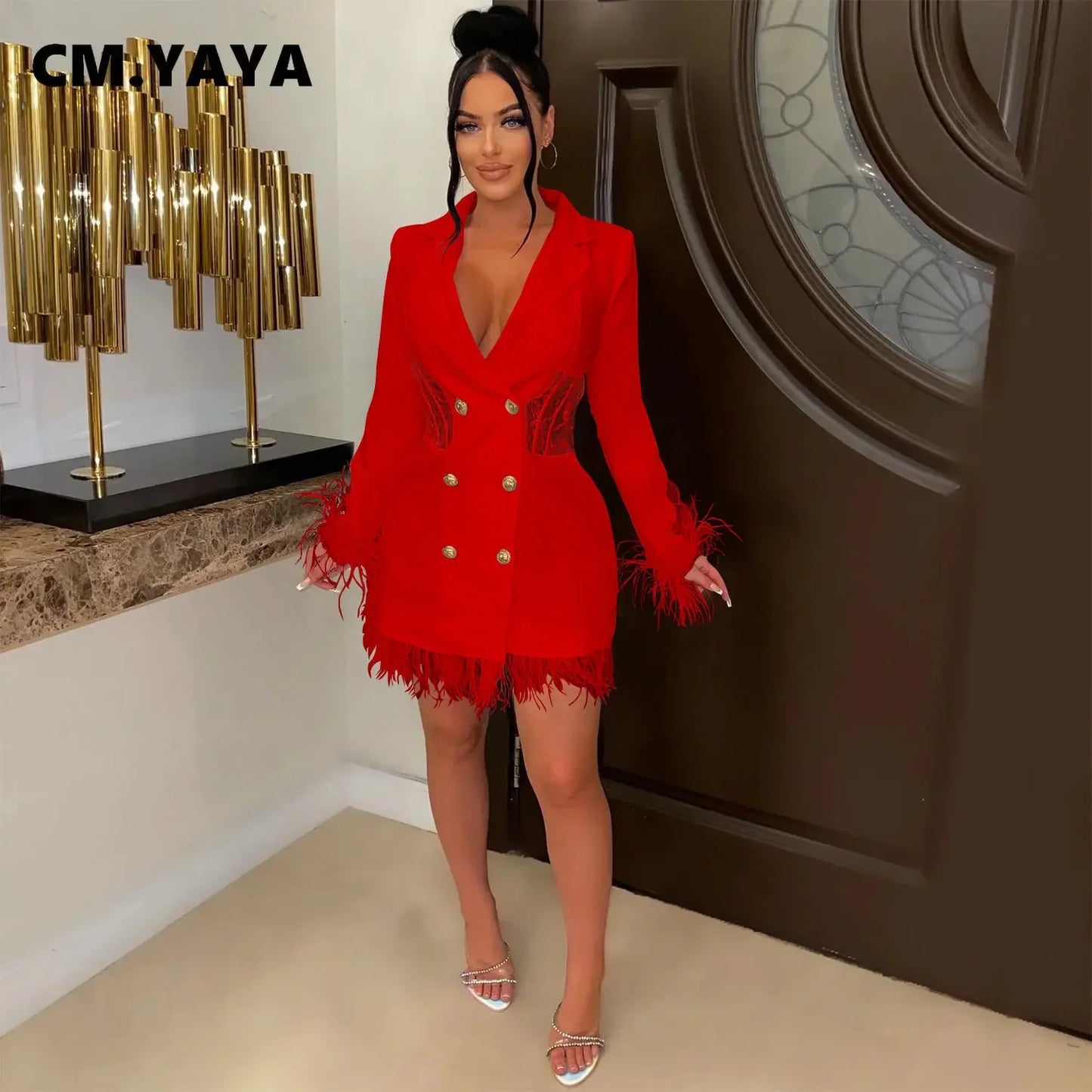 FANAN Elegant Women Double Breasted Tassel Hem and Long Sleeve Notched Collar Lace Waist Patchwork Blazer Dress Vestidos 2022