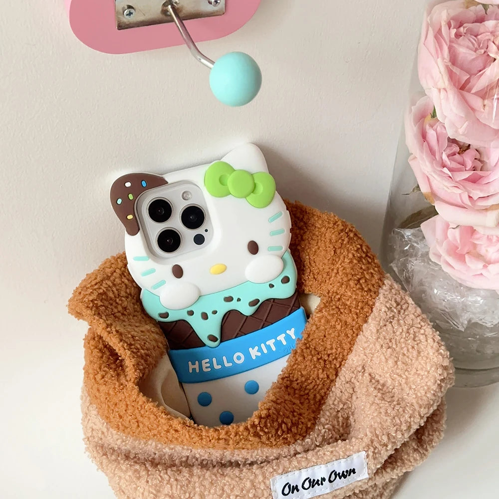 Cute 3D Ice Cream Sanrios Hello Kitty Phone Case for IPhone 15 14 13 12 11 Pro Max Drop-resistant Soft Silicone Back Cover Gift