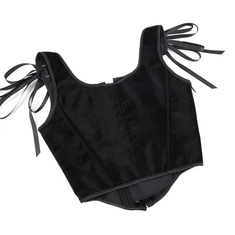 Black Velvet Sexy Overbust Corset Crop Tops Women Front Lace Up Side Zipper Shoulder Strap Bustier Vest Slimming Shaper Camis