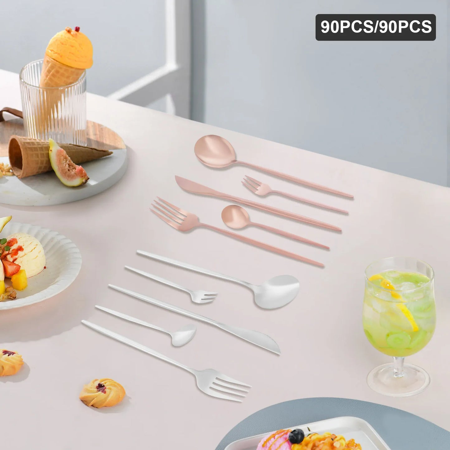 24Pcs/90Pcs Flatware Set Stainless Steel Silverware Utensil Kitchen Tableware Forks Knives Spoons Cutlery for Home Restaurant