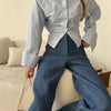 Gidyq Korean Bandage Shirt Women Fashion Backless Sexy Blouse Office Ladies Casual Slim Chic Turn Down Collar Long Sleeve Tops
