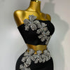 Women Sexy Strapless Flower Diamonds Black Maxi Long Bandage Two Piece Set 2025 Knitted Elegant Evening Club Party Prom Gowns