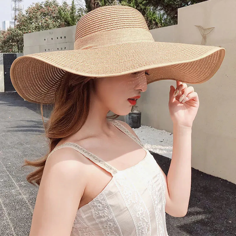 Summer straw hat beach Korean style seaside large brim outdoor sun protection sun hat vacation foldable straw hat  여름모자  모자