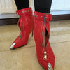 Belt Buckle Front Zipper Fashion Show Short Boots Women's Autumn Winter New Pointed Metal Decoration Red High Heels Ankle Boots