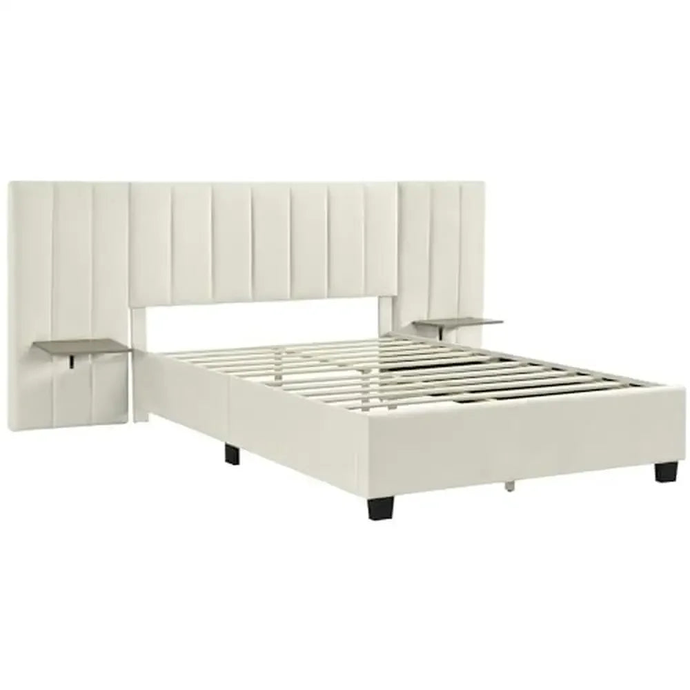 Queen Size Upholstered Platform Bed Velvet Fabric Big Headboard Wooden Frame Bedroom Storage Slat Support No Box Spring Needed