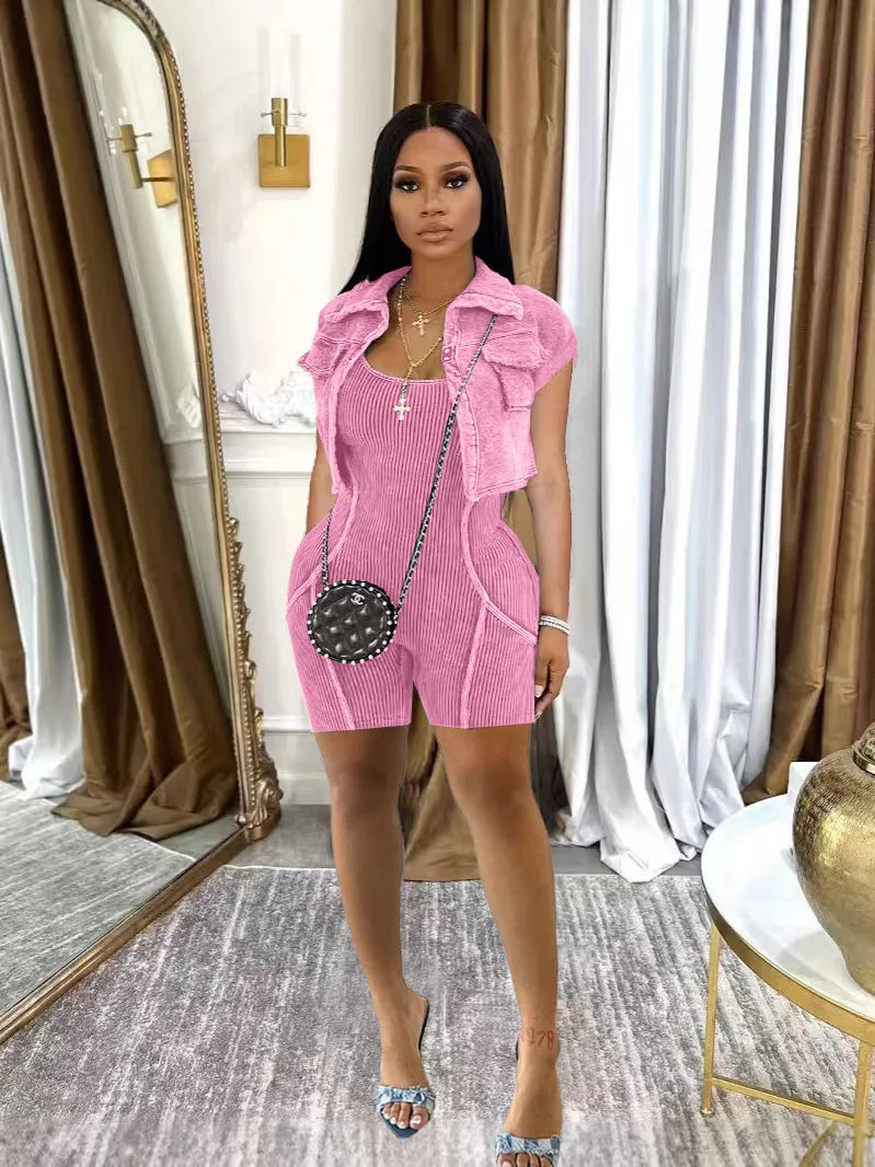 HLJ High Quality Women's Shorts Outfits Cotton Crop Jacket+Bodysuits 2 Piece Set Casual Vintage Two Piece Set Women's Spring New