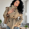 Fashion Belt Short Trench Coat Women Stand Collar Double Breasted Pocket Long Sleeve Coats 2025 Autumn Lady Commute Chic Outwear