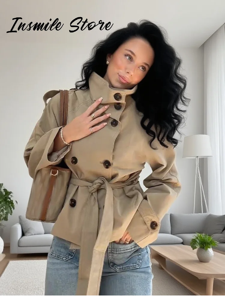 Fashion Belt Short Trench Coat Women Stand Collar Double Breasted Pocket Long Sleeve Coats 2025 Autumn Lady Commute Chic Outwear