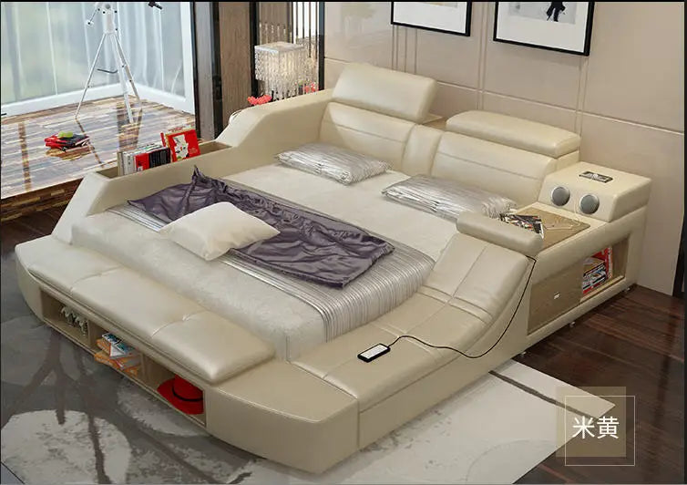 MANBAS Tech Smart Multifunctional Bed Frame with Genuine Leather, Bluetooth Speaker, and Massager Ultimate Soft Lit Tatami Camas