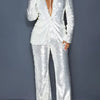 Women Two Piece Sets Sequin Blazer V Neck Full Sleeve Coats Temperament Slim Fit Casual High Waist Wide Leg Long Pants Suits