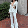 Modphy Red Sexy V-neck Long Sleeve Jacket+High Waist Flare Pants Blazer Set Women'S 2025 New Hollow Out Designer Two-Piece Set