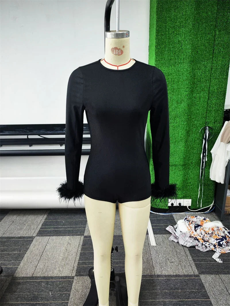 Solid Feathers Long Sleeve Playsuit Woman Jumpsuit Shorts Skinny Stretchy Open Back Bodycon Romper Sexy Night Club Outfits Body