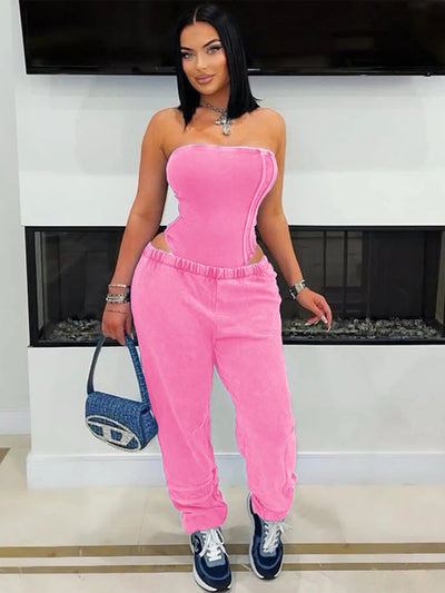 Sexy Tracksuit Cotton Washed Strapless Bodysuit and Jogger Pants Set 2025 Trendy Women Clothes Jogging Suit 2 pcs Two Piece Sets