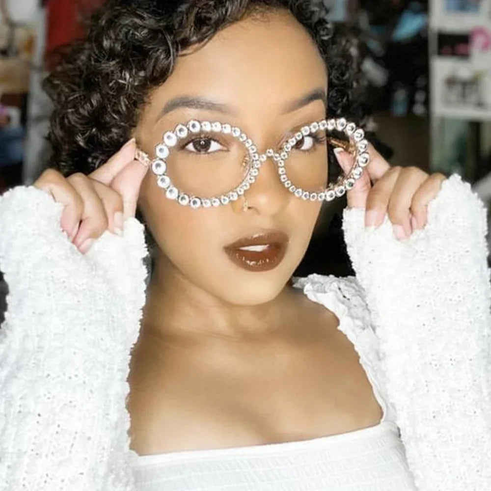 Simple Round Rhinestone Sunglasses Frames No Lenses Rave Accessories Fashion Designer Hollow Alloy Face Jewelry Frames for Women