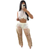Gradient Color Crochet Two Piece Set for Women Summer Beach Crop Top and Wide Leg Pants Tassel Hollow Out Hole Vacation Outfits