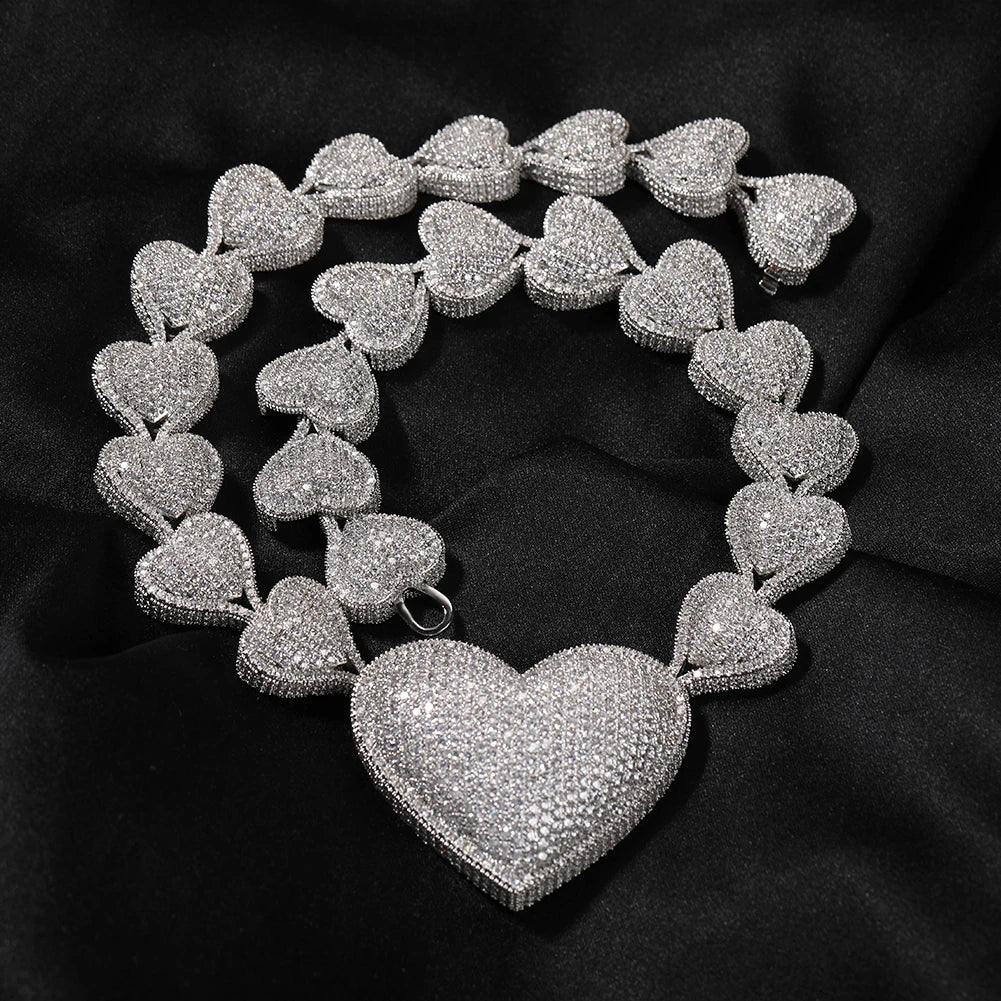 THE BLING KING Iced Out Big Heart Chain Collar Y2K 17mm Choker For Women Girl Micro Paved 5A Cubic Zircon Lovely Wedding Jewelry