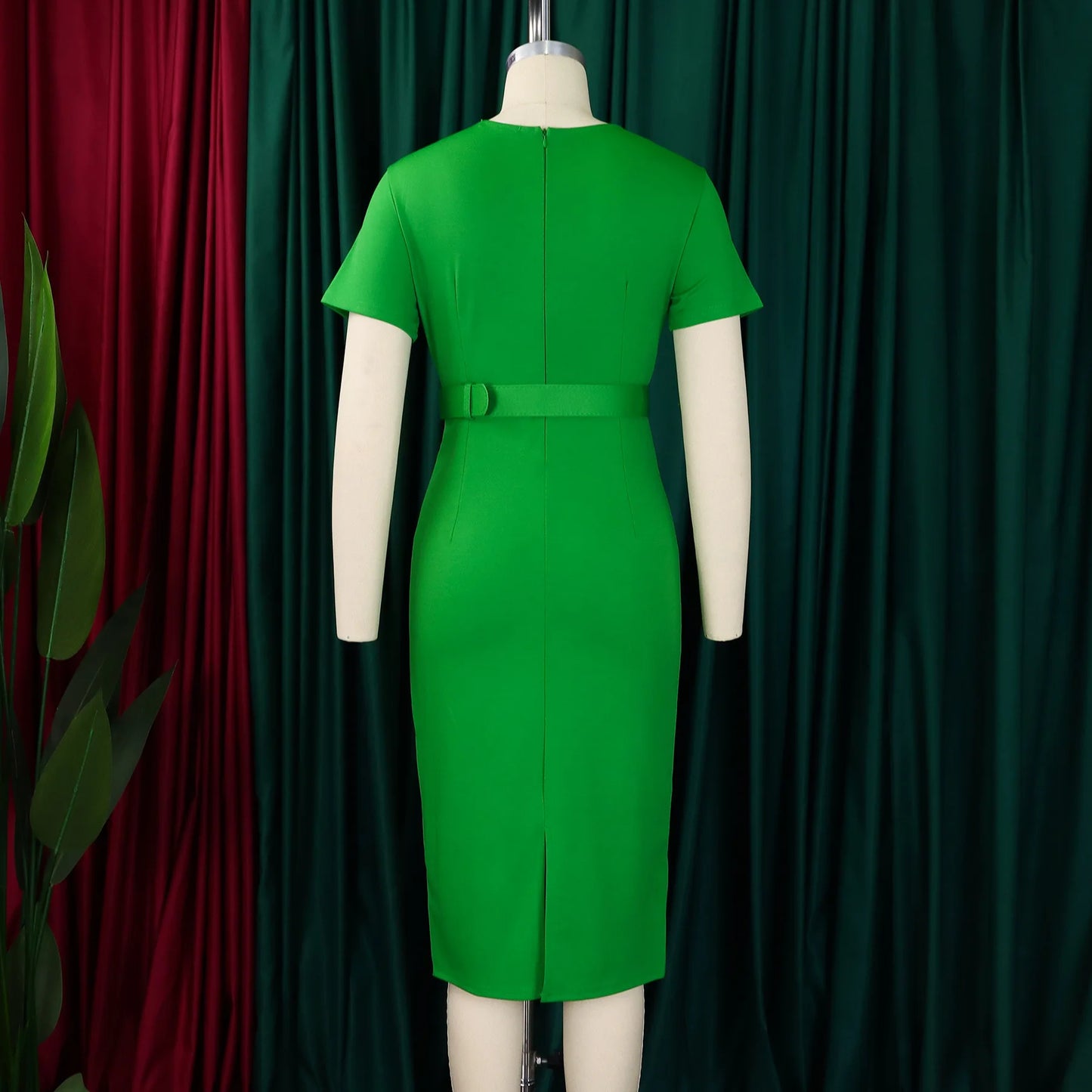 2024 summer new short sleeve V-neck waist solid color Tunle pencil skirt dress