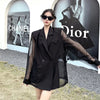 Fashion Hollow Out Mesh Patchwork Blazer for Women Y2K Korean Chic Net Long Sleeves Loose Black Coat Gothic Casual Suit Jacket
