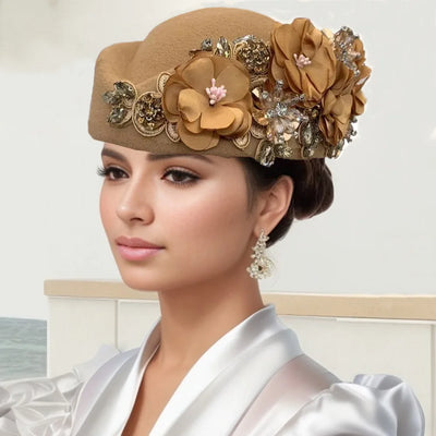 Vintage Felt Turban Hat For Women Church Derby Fascinator With Flower Ladies Soft Beret Caps For party Airline Stewardess Hat