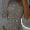 2025 Spice Girls Sexy Sequin Top One-Shoulder Tight Rhinrhinone Solid Color Silver One-Piece Fashion Party Nightclub Summer Top