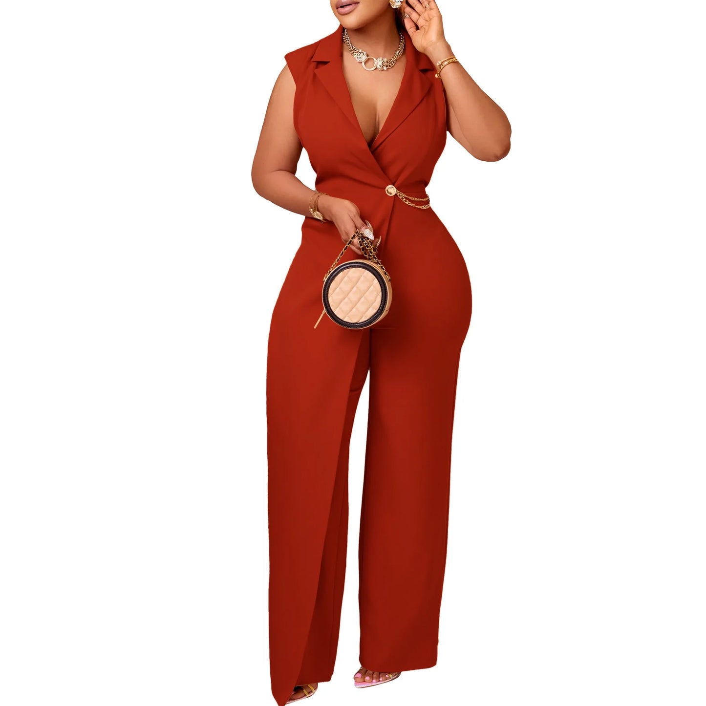 Elegant Jumpsuits & Rompers for Woman 2024 New Turn Down Collar Sleeveless High Waisted V Neck Straight Female Birthday Overalls