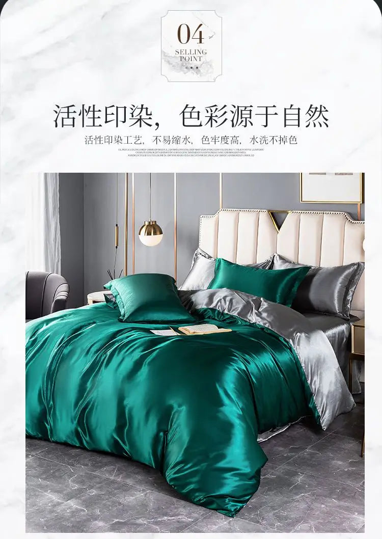 Nordic Satin Silk Bedding Set with Duvet Cover Bed Sheet Pillowcases Luxury Solid Single Double Couple Pillow Case Bedsheet