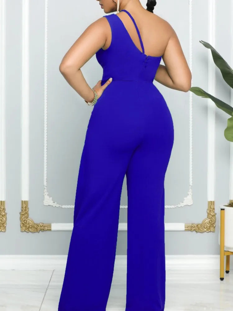 Summer New Vintage Chic Women's Fashion Sexy Sleeveless Single Shoulder Sling High Waist Commuter High Waist Straight Jumpsuit