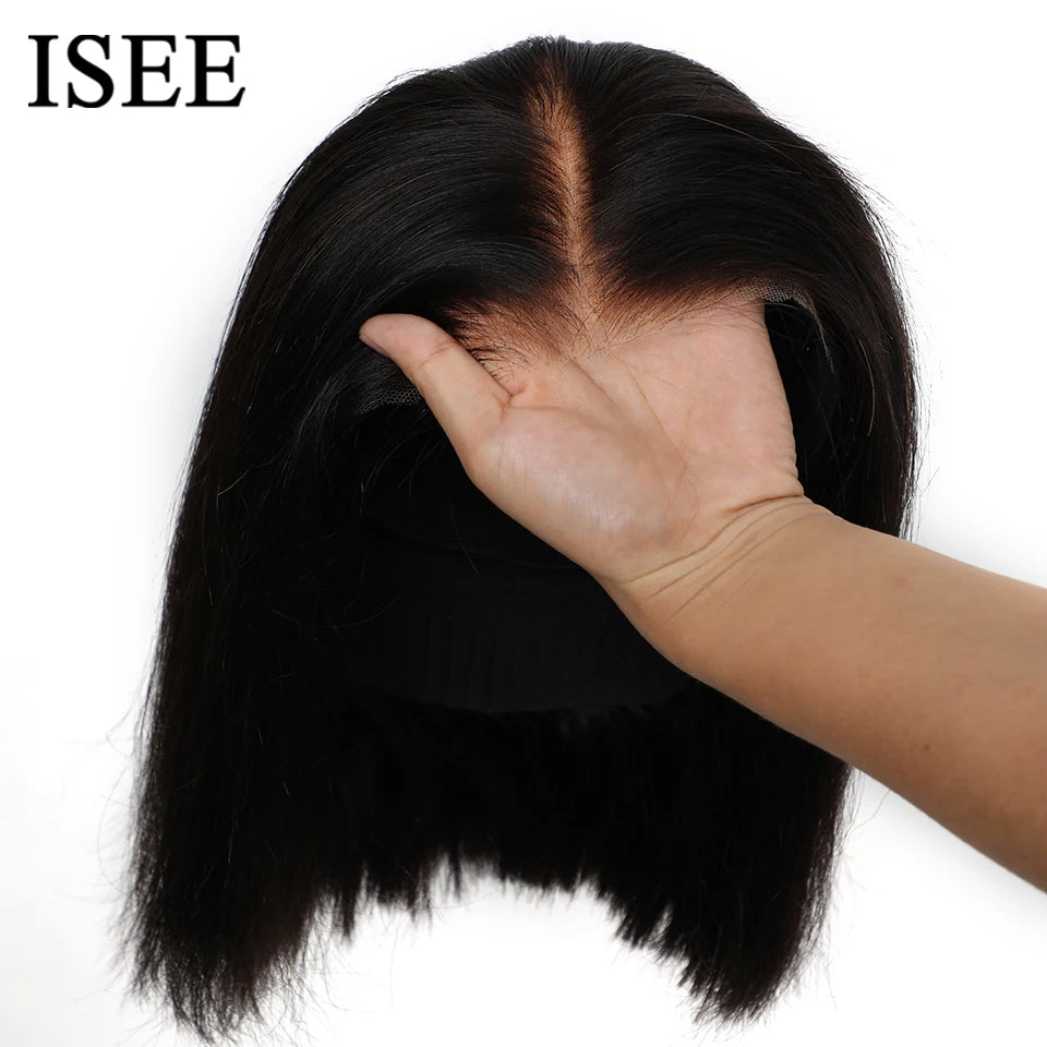 ISEE HAIR Wear And Go Glueless Human Hair Wig Bob HD Lace Straight Short Bob 6x4 Lace Frontal Pre Plucked Human Wigs Ready To Go