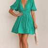 Women Summer Casual A-line Dress Solid Color Deep V-Neck Short Puff Sleeve Mini Dress Fashion Party Short Dress