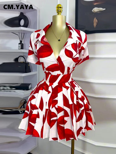 CM.YAYA Leaf Printed Women's Set Short Sleeve Bowknot Hem Blouse Shirt and Pleated Mini Skirts Suit 2023 Two 2 Piece Sets Outfit