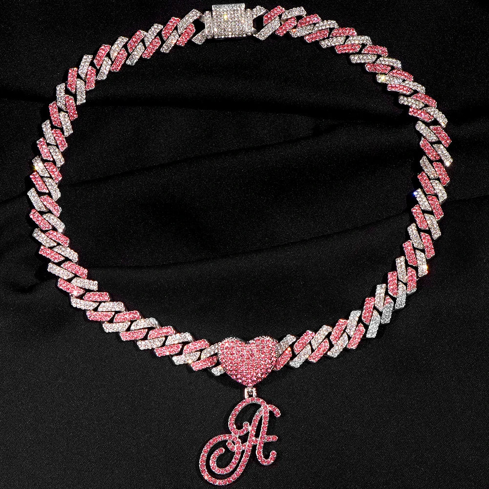 Hip Hop Bling Pink Crystal Cursive Initial Letter Cuban Necklace for Women Iced Out Paved Cuban Chain Necklace Choker Jewelry