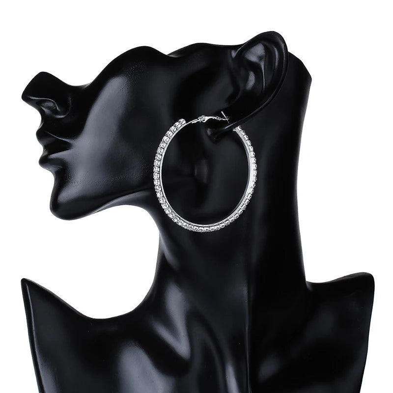 30-80mm Big Hoop Earrings For Women Girls Circle Crystal Rhinestone Earrings Black Gold Silver Color Round Earings Party Gift
