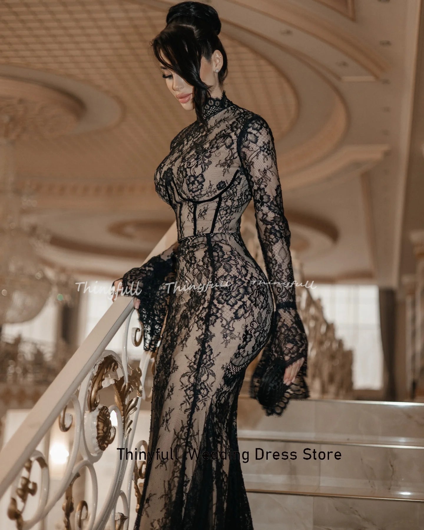 Thinyfull Mermaid Lace Arab Prom Dresses O-neck Full Sleeves Evening Gown 2025 Long Special Dress Robe De Soirée Customized